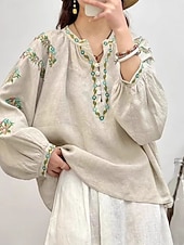 cheap Plain Blouses-Women's Cotton Linen Shirts Faux Cotton Linen Embroidered Floral Basic Casual Long Sleeve Crew Neck Regular Tops Daily Pink Fuchsia Green Beige Summer Spring Fall