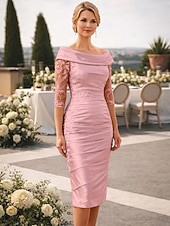 abordables Longitud del té-Funda Columna Hasta la Rodilla Vestido de Fiesta Vestido Cóctel Vestido Invitada Boda Vestido de Madrina Media Manga Hombros Caídos Elegante Invitado a la boda Fiesta de Boda Tafetán con Apliques
