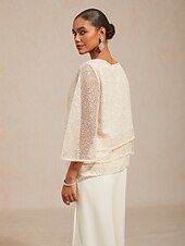 cheap Lace Tops-Women's Blouse Lace Tops Sequins Illusion Solid Color Elegant 3/4 Length Sleeve Bell Sleeve Crew Neck Daily Wedding Guest Vacation Wear Beige Summer Spring Fall