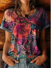 Χαμηλού Κόστους Floral μπλουζάκι-Γυναικεία Μπλουζάκι Στάμπα Φλοράλ Γραφική Φυτά Βίντατζ Στυλάτο Κλασσικό Κοντομάνικο Στρογγυλή Ψηλή Λαιμόκοψη Στρογγυλή Λαιμόκοψη Κανονικά μπλουζάκια Καθημερινά