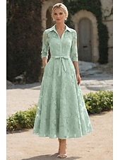 Недорогие Длина щиколотки-А-силуэт До щиколотки Платье-рубашка Вечернее платье Платье для матери невесты Длинный рукав Рубашечный воротник Элегантный стиль Винтаж Официальные Жаккард с Бант(ы) Вышивка Цветы