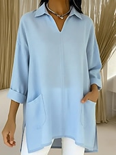 cheap Essential Faux Shirts-Women's Linen Like Faux Cotton Linen Blouse Pocket Buttons Solid Color Stylish Casual Long Sleeve Shirt Collar Long Tops Daily Blue Black White Red Purple Spring Fall