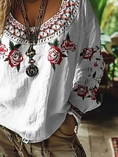 cheap Boho Tops-Women's Shirt Boho Shirt Blouse Print Floral Graphic Bohemia Vintage Stylish Long Sleeve V Neck Regular Tops Daily Holiday Going out White Summer Spring Fall
