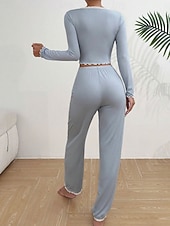 baratos Tops e partes de baixo de dormir para mulher-Mulheres Conjunto de Pijama Casual Conforto Cor imaculada Renda Cintura elástica Calça Diário Casa Manga Longa Decote V Azul Preto Rosa Vermelho Cáqui Verão Primavera Outono Normal