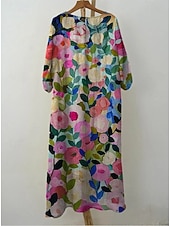 Χαμηλού Κόστους Floral φορέματα-Γυναικείο Μακρύ Φόρεμα Λινάρι Τόσο Αναπνεύσιμη Ελαφριά Σαλοπέτα Άμεσου Στυλ Καλοκαιρινό Φόρεμα Διακοπών Καθημερινό Μποχό Παραλία Διακοπές 3/4 Μανίκι Λαιμός Φαρέτρα