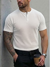 ieftine Tricou casual Henley-Bărbați Cămașă Henley Waffle Tee Top Manșon scurt Henley Vară Culoare solidă Modă Designer Comfortabil Nasturi Simplu Casual Zilnic În aer liber Negru Roz Alb Top tricou pentru bărbați