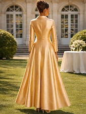 economico Lunghezza del pavimento-Linea ad A Lunghezza al pavimento Abito da invitata a nozze Abito Formale Abito svasato Abito da cerimonia per signora Manica Lunga Colletto a Camicia Elegante Formale Ospite di nozze Raso con