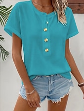 cheap Plain tee-Women's T Shirt Tee Top Buttons Plain Fashion Stylish Classic Short Sleeve Crew Neck Regular Tops Daily Going out Weekend Blue Black Red Summer Spring