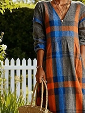abordables Vestidos a Rayas y Geométricos-Mujer Vestido maxi Vestido de Camisa Vestido informal Moda Básico Moderno Diario Exterior Playa Ajuste regular Geométrico Plaid Manga 3/4 Escote en Pico Azul Piscina Verano Primavera