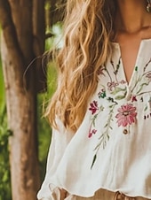 baratos Tops Boho-Mulheres Camisa Social camisa Boho Blusa Imprimir Floral Gráfico Vintage Diário à moda Manga Longa Decote V Tops regulares Diário Feriado Bege Verão Primavera