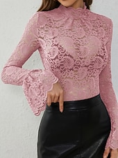 preiswerte Spitzenoberteile-Damen Bluse Spitzentops Spitze Blumen Einfach Stilvoll Sexy Modern Langarm Glockenärmel Hoher Ausschnitt Normale Oberteile Täglich Ferien Ausgehen Blau Schwarz Weiß Rosa Sommer Frühling