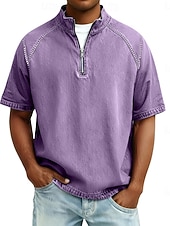  Herren Hemd aus 100 % Baumwolle in Säurewaschung T-Shirt Kurzarm Stehkragen Herbst Winter Frühling Herbst Einfach Vintage Streetwear Lässig Reißverschluss Stückgefärbt Basic Lässig Heim Straße