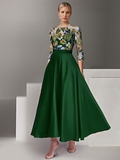 זול שמלות ערב בקו A-גזרת A באורך הקרסול חרוזים רקומים שמלה רשמית שמלת אם הכלה שמלות קוקטייל שמלות ערב שמלת נשף לבוש רשמי אלגנטית בלוק צבע פיצול גבוה חצי שרוול אשליה חתונה רשמי סאטן עם קפלים שסע