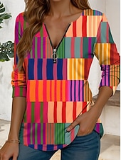 preiswerte Streifen- und geometrisches T-Shirt-Damen T Shirt Reißverschluss Druck Grafik Geometrisch Vintage Stilvoll Lässig Langarm Rundhalsausschnitt Normale Oberteile Täglich Blau Purpur Orange Grün Sommer Frühling