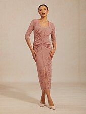 preiswerte abendkleider-Damen-Midikleid, Etuikleid, figurbetontes Kleid, Lochstickerei, Illusionsspitze, gerafft, elegant, für jeden Tag, Hochzeit, als Gast, Date, normale Passform, Blumenmuster, 3/4-Ärmel, V-Ausschnitt,