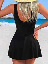 cheap Swimdresses-Women's Swimwear One Piece Monokini Swim Dress Swimsuit Tummy Control High Waist Slim Backless Vacation Beach Wear Leopard Color Block V Neck Sleeveless Bathing Suits