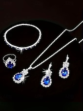 halpa Häät ACC-Naisten metalliseoskorusetti, "jotain sinistä" pisarakoru, korvakorut, sormus ja rannekoru, elegantti kimalteleva tyyli morsiamiin, häihin, cocktail-juhliin ja muodollisiin tilaisuuksiin