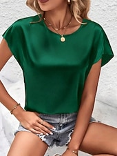 economico Bluse Semplici-Per donna Elegant Top in raso Camicia in raso Top estivi Tinta unica Semplice Vintage Elegante Classico Manica Corta Girocollo Top Regolari Quotidiano Ferie Uscire Nero Rosa Cammello Verde Estate