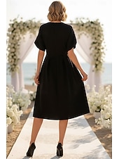 cheap Semi-formal / Cocktail-A-Line Tea Length Party Dress Cocktail Dress Wedding Guest Dress Wedding Guest Dresses Elegant Vintage Daily Short Sleeve V Neck Wedding Church with Pleats
