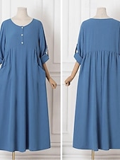 cheap Dresses-Women's Maxi Dress Linen-feel Dresses Shift Dress Summer Dress Casual Daily Loose Fit Plain Long Sleeve V Neck Blue Black Dark Red Summer Spring Fall