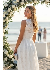  А-силуэт Ниже колена Кружевное платье Маленькое белое платье Элегантный стиль Маленькие белые платья Без рукавов Вырез под горло Свадьба с Кружева Плиссировка