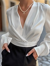 tanie Eleganckie bluzki-Damskie Elegancki Top satynowy Letnie szczyty Bluzka Z marszczeniami Niejednolita całość W fałdki Równina Elegancja Zabytkowe damska Długi rękaw W serek Zwykłe topy Codzienny Praca Święto Biały Lato