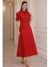 tanie Sukienki koktajlowe-Krój A Do kostki Sukienka koktajlowa Elegancja Krótki rękaw Sztuczna szyja Impreza w ogrodzie Ślub Rozciągliwa krepa z Kwiaty 3D