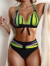 billiga Bikiniset-Dam Badkläder Bikini 2 st Kalsonger Baddräkt Smal Öppen rygg Semester Standkläder Randig Halterneck Ärmlös Baddräkter