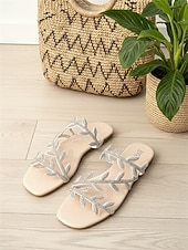 cheap Slide Sandals-Women's Glod Flat Sandals with Rhinestone Leaf Straps – Elegant Bohemian Style, Comfortable Slip-On Slides for Summer Beach Vacations and Tropical Resorts