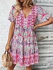voordelige Vakantie Boho Jurk-Dames Mini-jurk strand jurk A lijn jurk Bloemetjesjurk Elegant Modieus Modern Dagelijks Buiten Vakantie Normale pasvorm Geometrisch Korte mouw V-hals blauw Rood Marine Blauw Oranje Zomer Lente Herfst