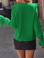 Χαμηλού Κόστους Απλές μπλούζες-Γυναικεία Πουκάμισο Μπλούζα Με Βολάν Σκέτο Κομψό Στυλάτο Μοντέρνα Μακρυμάνικο Λαιμόκοψη V Κανονικά μπλουζάκια Καθημερινά Αργίες Εξόδου Μαύρο Βαθυγάλαζο Πράσινο του τριφυλλιού Σομόν Ροζ Τριανταφυλλί