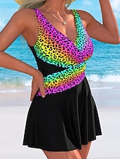 cheap Swimdresses-Women's Swimwear One Piece Monokini Swim Dress Swimsuit Tummy Control High Waist Slim Backless Vacation Beach Wear Leopard Color Block V Neck Sleeveless Bathing Suits