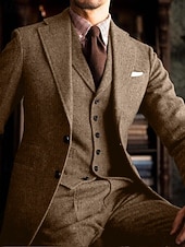 tanie Garnitury formalne-Męski Tweed garnitury Ślub Khaki Zieleń wojskowa Jesień W kant Wycięcie Klapy wcięte Codzienny Biznes Solidne kolory Rozmiar plus 3-częściowy zestaw Jednorzędowa, dwa guziki