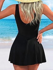 cheap Swimdresses-Women's Swimwear One Piece Monokini Swim Dress Swimsuit Tummy Control High Waist Slim Backless Vacation Beach Wear Leopard Color Block V Neck Sleeveless Bathing Suits