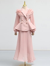 preiswerte Semi-formal / Cocktail-Zweiteilig A-Linie Knöchellänge Kleid für Hochzeitsgäste Kleider für Hochzeitsgäste Elegant Vintage Täglich Langarm Revers Gartenparty Hochzeit mit 3D-Blumen Falten