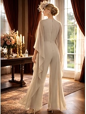 cheap Mom's Jumpsuits-Jumpsuit Pantsuit Floor Length Mother of the Bride Dress 3/4 Length Sleeve Crew Neck Elegant Simple Minimalist Formal Wedding Guest Chiffon with Ruched