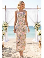 cheap Semi-formal / Cocktail-Sheath Column Ankle Length Wedding Guest Dress Wedding Guest Dresses Elegant Sleeveless Strapless Wedding with Embroidered Flower