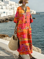 Χαμηλού Κόστους Τέχνη και Σχεδίαση Φορέματα-Γυναικείο Maxi Φόρεμα Λινό Σαφντ Dress Καθημερινό Χαλαρή Τακτοποίηση Γραφικό Αφηρημένο Μακρύ Μανίκι V Neck Μπλε Βασιλικό Μπλε Μωβ Πορτοκαλί Καλοκαίρι Άνοιξη