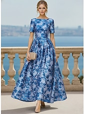  A-linje Gulvlengde Cocktailkjoler Elegant Årgang Blomster Kortermet Crew-hals Hage fest Bryllup Lomme Jacquard med Blomstertrykk Plissert Lomme