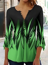  Womenská trička  Ombre grafické abstraktní elegantní vintage stylové 3/4 délka rukáv V výstřih dlouhé topy každodenní vycházky knoflíky modrá červená oranžová zelená léto jaro podzim