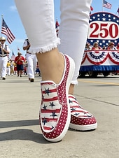  United States 250th Anniversary Women's Red Blue American Flag Print Comfort Mules – Canvas Slip-On Shoes USA Fourth of July Outdoor Events Travel  Daily Wear