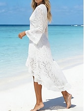abordables Robes en dentelle blanche-Femmes Robe Longue Maxi Robe Mini Robe Robe Blanche Robe en Dentelle Robe bohème ancien Mode Basique Quotidien Vacances Sortir Coupe régulière Fleuri Uni manche longue Col en V Blanche Été Printemps
