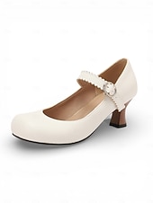 voordelige Mother of Bride/Groom-Women's White Mary Jane Wedding Shoes - Elegant Retro Mid-Heel Pumps with Scalloped Straps &amp; Comfortable Block Heel for Mother of the Bride, Indoor Church Ceremonies &amp; Formal Receptions
