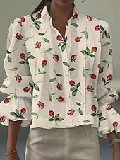abordables Blusas Sencillas-Mujer Camisa Volante Floral Graphic Elegante Bohemia Vintage Manga Larga Cuello Camisero Tops regulares Diario Trabajo Festivos Azul Piscina Blanco Naranja Beige Verano Primavera