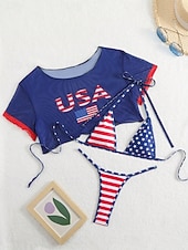 זול סט ביקיני 3 חלקים-בגדי ריקוד נשים בגדי ים ביקיני שלוש חלקים חוטיני בגד ים רזה גב חשוף חופשה בגדי חוף אותיות צווארון עגול ללא שרוולים שרוול קצר בגדי ים