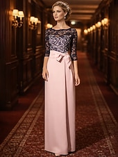 cheap Floor Length-Sheath Column Floor Length Wedding Guest Dress Formal Dresses Evening Gown Mother of the Bride Dress 3/4 Length Sleeve Jewel Neck Elegant Wedding Guest Satin Lace with Bow(s)