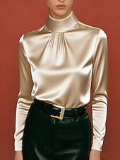 baratos Blusas Elegantes-Mulheres Camisa Social Blusa de cetim Blusa Blusas de manga comprida Franzido Côr Sólida à moda Básico Clássico Manga Longa Gola Alta Tops regulares Diário Feriado Para Noite Preto Branco Roxo Cáqui