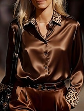 olcso Ünnepi blúzok-Női elegáns Szatén felső Blúz Öltözetes felsők Fodrozott Kollázs Gombok Leopárd Sima Elegáns Szüret hölgyek Hosszú ujj Állógallér Normál felsők Napi Munka Szabadság Medence Barna Szürke Ősz Tél