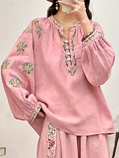 cheap Plain Blouses-Women's Cotton Linen Shirts Faux Cotton Linen Embroidered Floral Basic Casual Long Sleeve Crew Neck Regular Tops Daily Pink Fuchsia Green Beige Summer Spring Fall