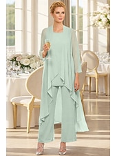 voordelige Broekpakken van mama-3-delig pak Tot de grond Moeder van de bruid jurk Mouwloos Nek boot Elegant Grote maten Bruiloft gast Chiffon Wrap inbegrepen met Effen kleur